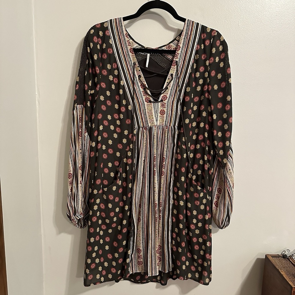 Free People Lace Up Boho Peasant Swing Long Sleeve‎ Dress Size S